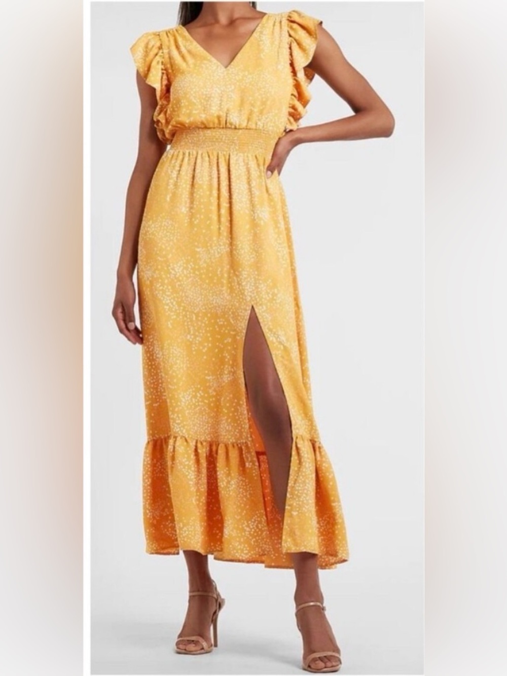 Express |Yellow Boho Speckled Ruffle Maxi Dress -Smocked Waist Side Slit -Flowy